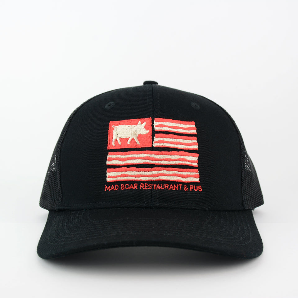 black hat with red bacon flag
